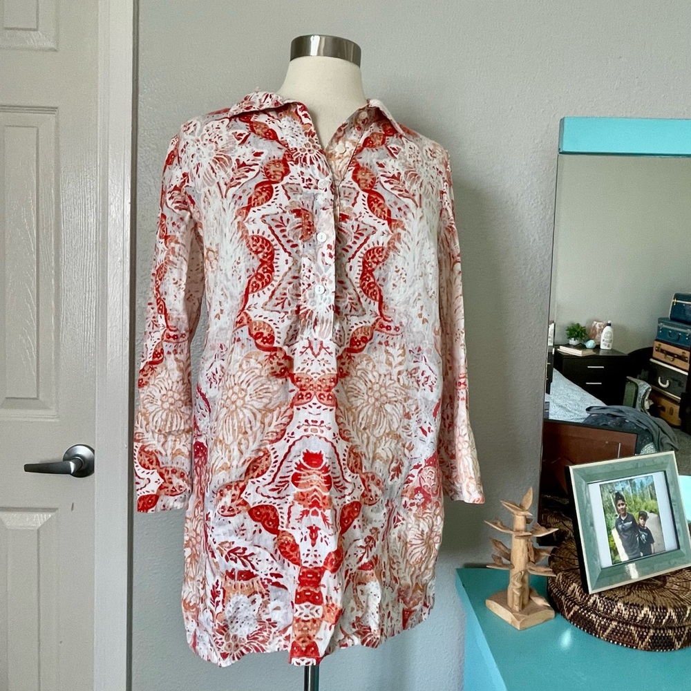 Chico's Orange and Cream Paisley Floral Button-Front Linen Tunic Sz 4/6 Summer